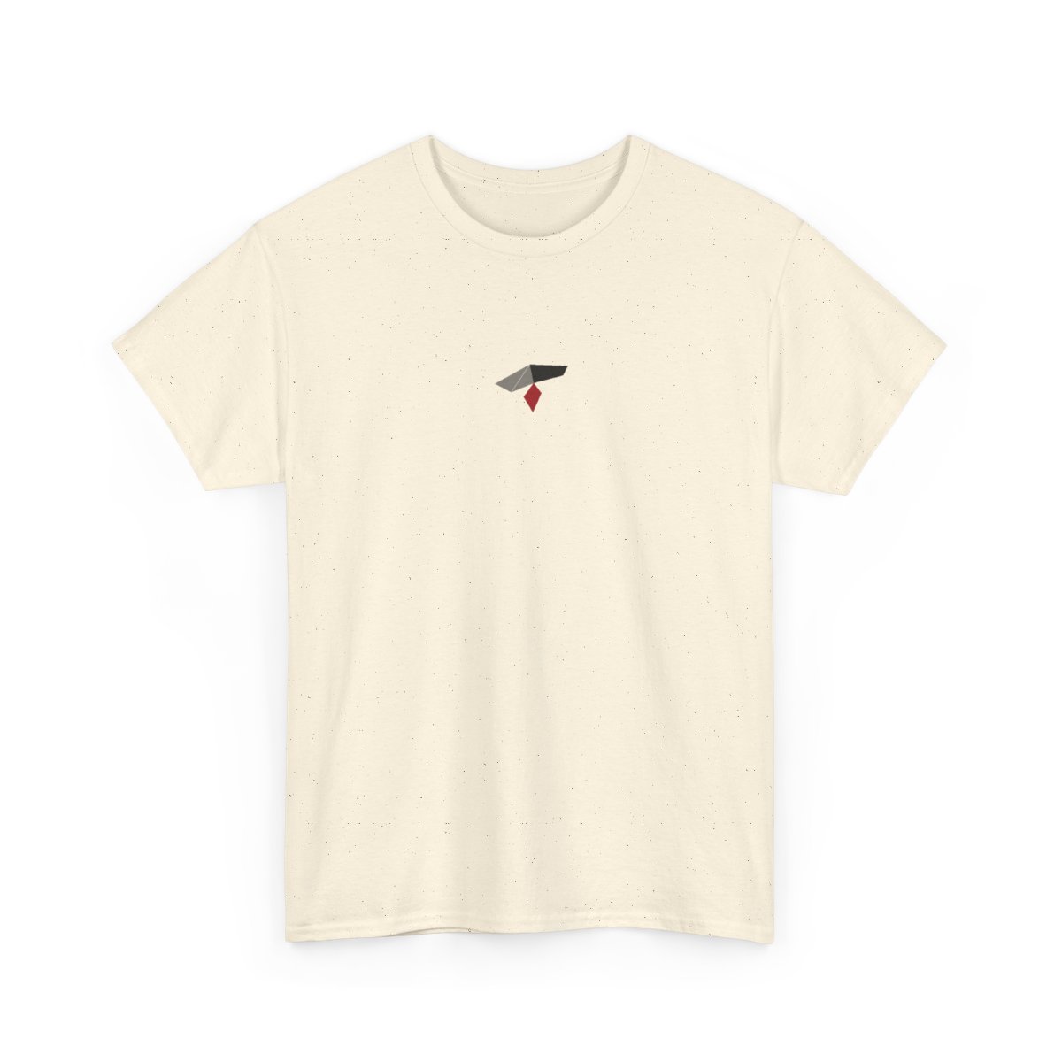 Close view of the centre chest mark: four folded planes in grey, black and crimson against the cotton weave