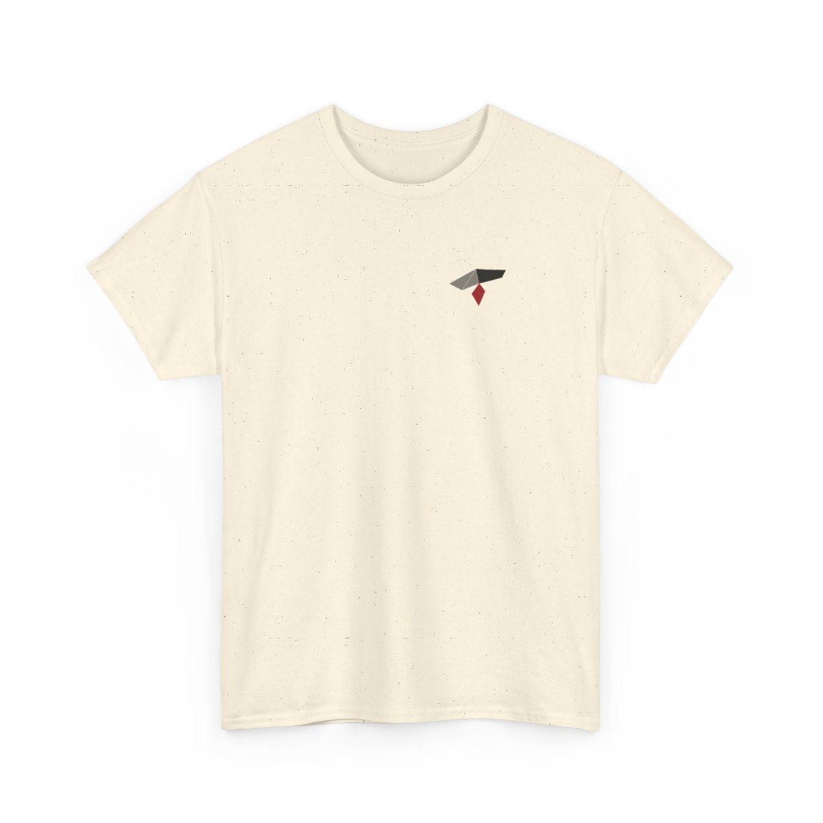 Close view of the chest mark: four folded planes in grey, black and crimson against the cotton weave