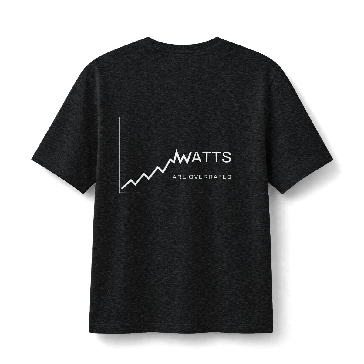 Black Heather tee, back view, a rising chart line that becomes the word WATTS above the words ARE OVERRATED